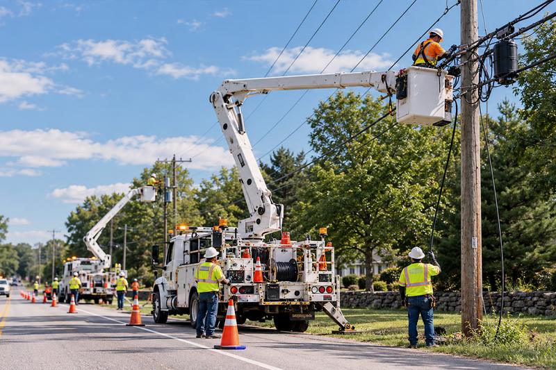 Bucket-truck crews working on a pole line along a road with traffic cones